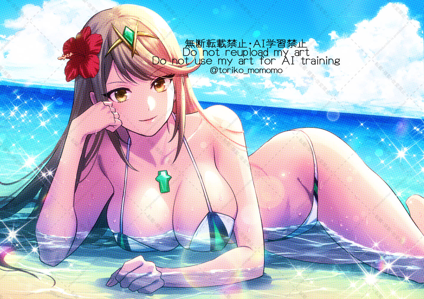1girl adversarial_noise alluring bare_shoulders beach big_breasts bikini blonde_hair blue_sky chest_jewel cleavage closed_mouth cloud cloudy_sky core_crystal_(xenoblade) flower gem hair_flower hair_ornament headpiece long_hair looking_at_viewer monolith_soft mythra_(xenoblade) nintendo partially_submerged sky smile swept_bangs swimsuit tiara toriko_momomo very_long_hair water white_bikini xenoblade_(series) xenoblade_chronicles_2 yellow_eyes