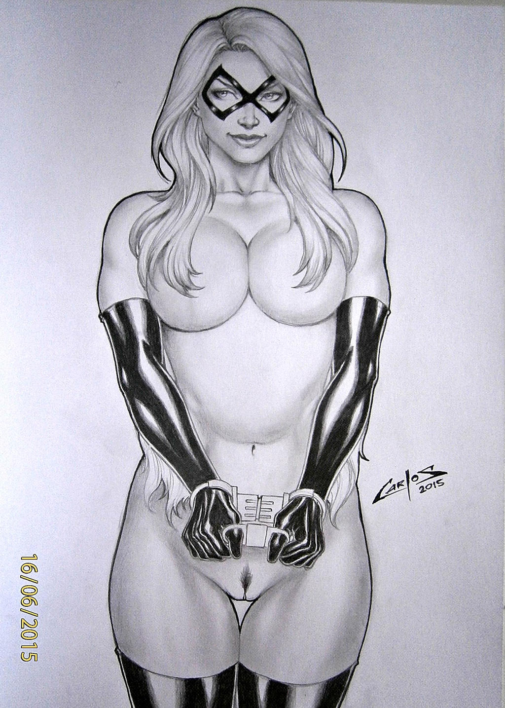 1girl almost_nude bare_shoulders big_breasts black_cat_(marvel) black_choker black_gloves black_legwear black_mask black_thighhighs bondage breasts carlos_braga choker cleavage clenched_hands closed_mouth collarbone convenient_censoring domino_mask elbow_gloves felicia_hardy female_only female_pubic_hair female_solo gloves grey_background greyscale hair_over_breasts handcuffs heroine legs legs_together legwear lips lipstick long_hair looking_at_viewer makeup marvel marvel_comics mask monochrome mound_of_venus naked_gloves naughty_face navel neck nude nude_female pubic_hair pussy simple_background smile spider-man_(series) standing stockings superheroine thighs uncensored white_hair