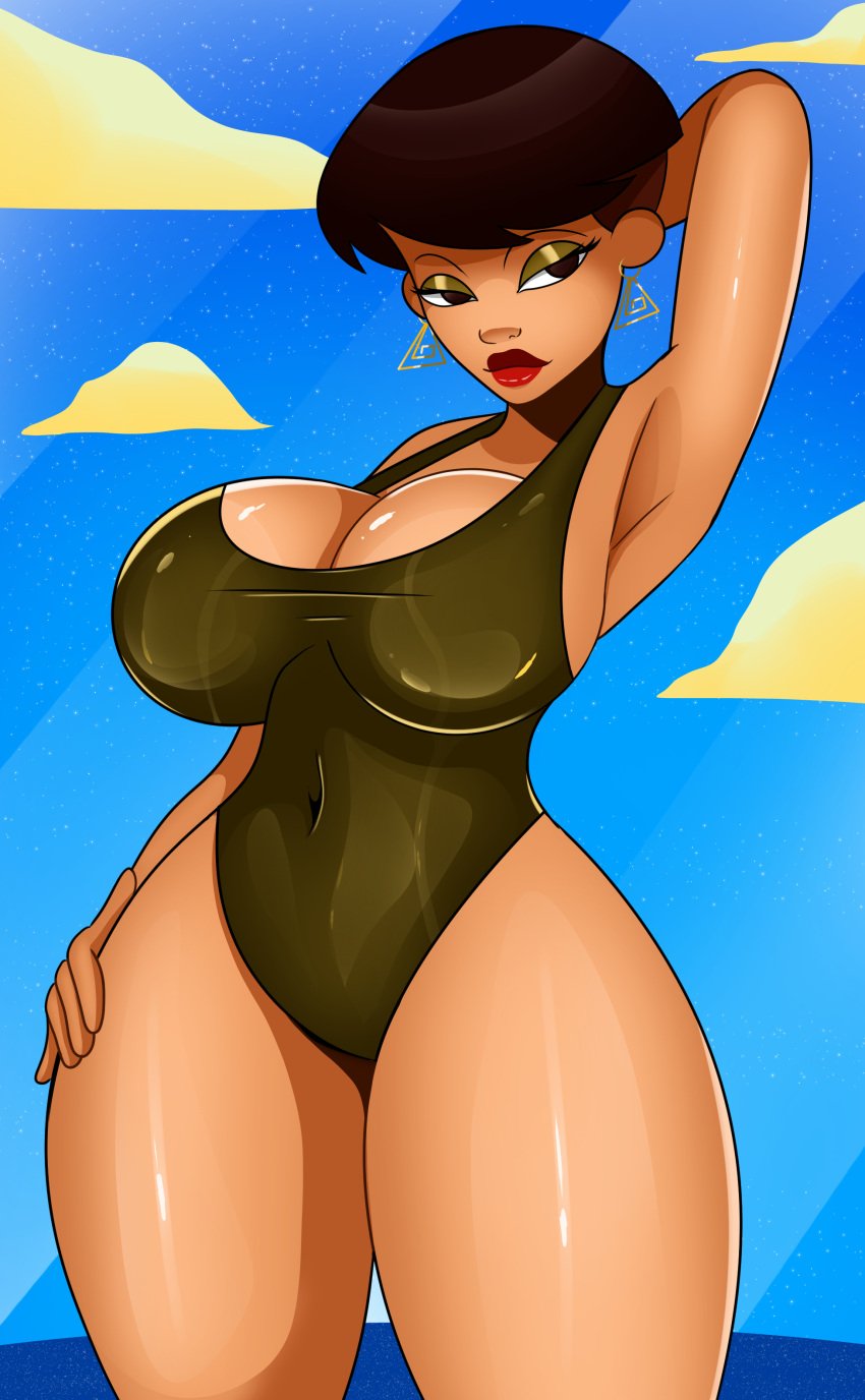 1girl beach bebe's_kids big_breasts breasts brown_hair dark_skin jamika lipstick milf one-piece_swimsuit short_hair sonson-sensei swimsuit wide_hips