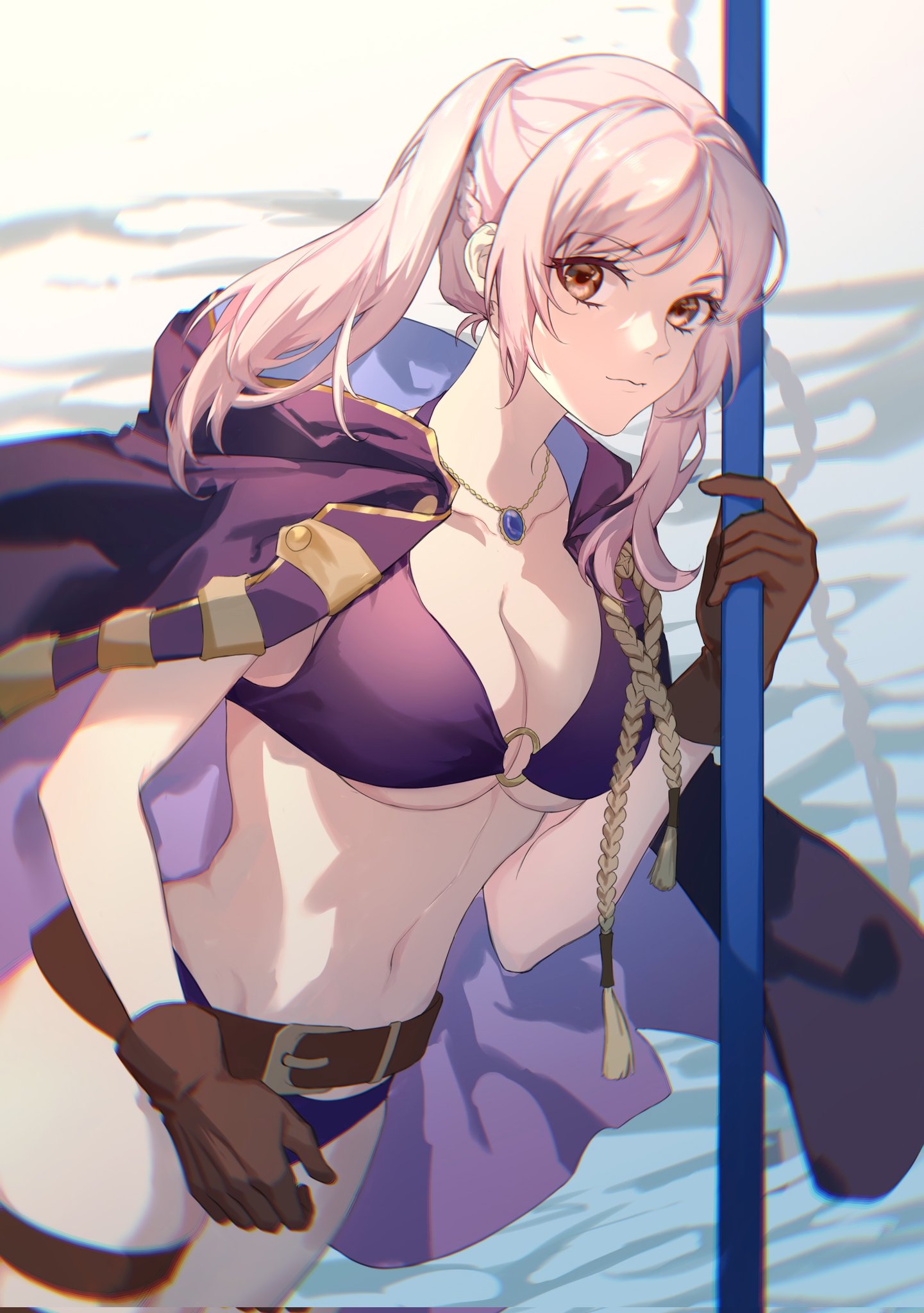 1girl :d bare_arms big_breasts bikini brown_eyes brown_gloves cleavage closed_mouth commentary_request fire_emblem fire_emblem_awakening fire_emblem_heroes fire_emblem_warriors gloves grey_hair high_res holding holding_polearm holding_weapon jewelry kyounatsuuu long_hair looking_at_viewer navel nintendo o-ring o-ring_bikini o-ring_top official_alternate_costume open_mouth polearm purple_bikini robin_(fire_emblem) robin_(fire_emblem)_(female) robin_(summer)_(fire_emblem)_(female) smile stomach swimsuit thighs twin_tails under_boob weapon