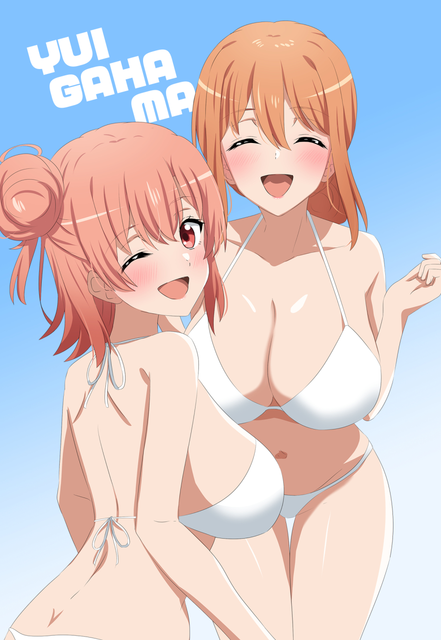 2_girls alluring back big_breasts bikini blush closed_eyes dars_(recolors) dimples_of_venus hair_between_eyes hair_bun high_res long_hair looking_at_viewer mature_female milf mother_&_daughter multiple_girls navel one_eye_closed open_mouth orange_eyes orange_hair pink_hair sideboob single_hair_bun smile stomach swimsuit thighs white_bikini yahari_ore_no_seishun_lovecome_wa_machigatteiru. yuigahama_yui yuigahama_yui's_mother
