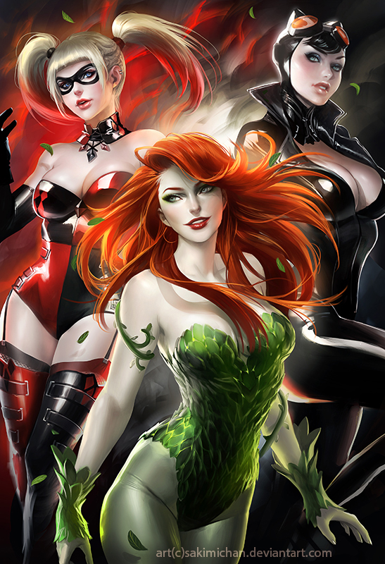 3_girls alternate_costume alternate_hairstyle animal_ears arms_at_sides asymmetrical_hair_ornament asymmetrical_legwear bangs bare_shoulders batman_(series) big_breasts black_bodysuit black_choker black_gloves black_hair black_legwear black_leotard black_mask black_thighhighs blonde_female blonde_hair blue_eyes blunt_bangs bodysuit breasts cat_costume cat_ears catsuit catwoman choker cleavage clown_girl collarbone crossed_legs crossed_legs_(standing) dc_comics dcau detached_collar domino_mask ear_piercing elbow_gloves expressionless eyeshadow fake_animal_ears female_only floating_hair garter_straps gloves goggles goggles_on_head gradient gradient_hair green_eyes green_legwear green_leotard green_pantyhose grey_eyes grey_eyeshadow grin hair_ornament half-closed_eyes hand_up harleen_quinzel harley_quinn head_tilt highleg highleg_leotard leaf leaves legs legs_together legwear leotard lips lipstick long_hair looking_at_viewer looking_to_the_side makeup mask medium_breasts multicolored_clothes multicolored_leotard multiple_girls naughty_face neck open_mouth orange_hair pamela_isley pantyhose parted_lips piercing pink_lipstick plant_girl poison_ivy red_hair red_legwear red_leotard red_lipstick red_thighhighs round_teeth sakimichan selina_kyle serious short_hair sidelocks skin_tight smile standing stockings strapless strapless_leotard supervillainess teeth thighs tied_hair trio twin_tails two-tone_hair two_tone_hair upper_teeth upper_teeth_only villainess