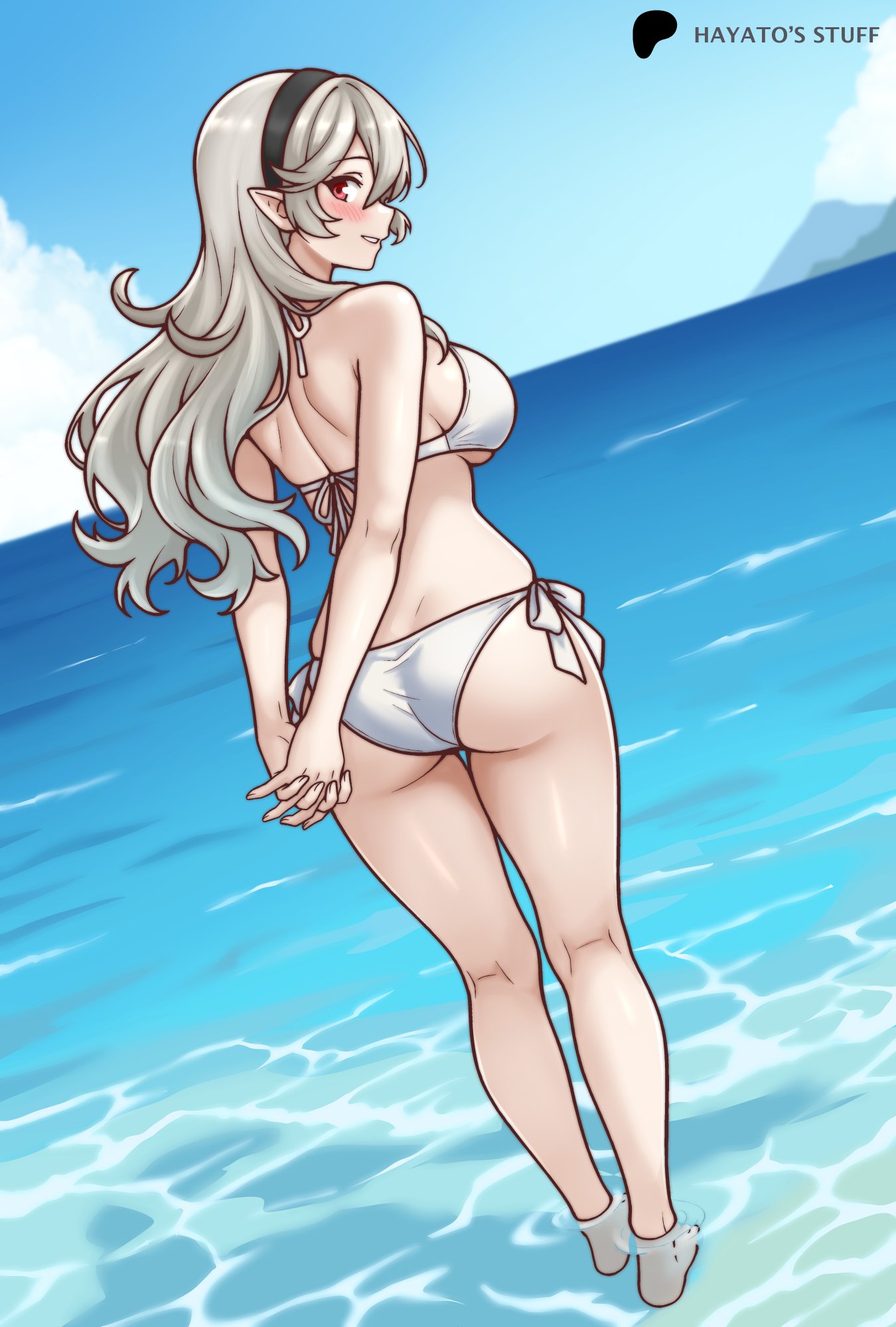 alluring arms_behind_back ass beach big_breasts bikini corrin_(fire_emblem) corrin_(fire_emblem)_(female) fire_emblem fire_emblem_fates fire_emblem_warriors grey_hair hayato_stuff high_res intelligent_systems looking_at_viewer looking_back nintendo outside pointy_ears red_eyes swimsuit
