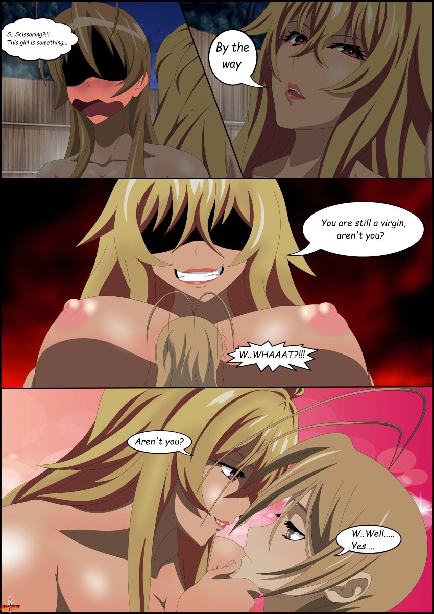 2_girls big_breasts blonde_hair blush crossover dialogue dinosknight highschool_of_the_dead nude outside rei_miyamoto shikishima_mirei speech_bubble text valkyrie_drive valkyrie_drive_-mermaid- yuri
