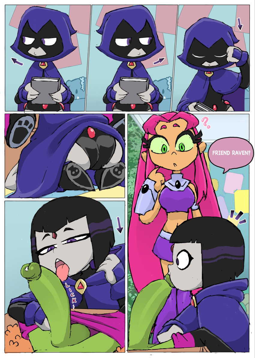 1boy 2girls ass ass_focus baecohn beast_boy big_ass big_breasts big_penis black_hair bodysuit breast breasts brown_skin cameltoe canon_couple cape cartoon_network caught cloak clothing comic confused confused_face dc discovered female footwear garfield_logan green_body green_hair green_skin grey_skin human imminent_fellatio imminent_oral imminent_sex indoors jewel_on_forehead light_skin long_hair male on_knees open_eyes page_3 pale_skin penis penis_in_mouth pink_hair precum rachel_roth raven_(dc) short_hair sneaky starfire surprised surprised_expression surprised_face surprised_look teen_titans teen_titans_go wants_cum wants_to_fuck