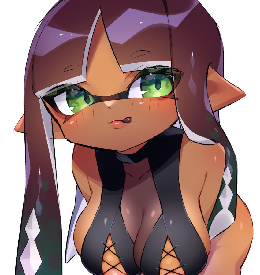1girl 1girl 1girls :d ass bangs bent_over blunt_bangs breasts brown_hair cleavage dark-skinned_female dark_skin dokudami-sama_(vaz_999) green_eyes inkling inkling_girl long_hair looking_at_viewer pointy_ears solo_female solo_focus splatoon splatoon_(series) tentacle tentacle_hair tongue tongue_out vaz_999