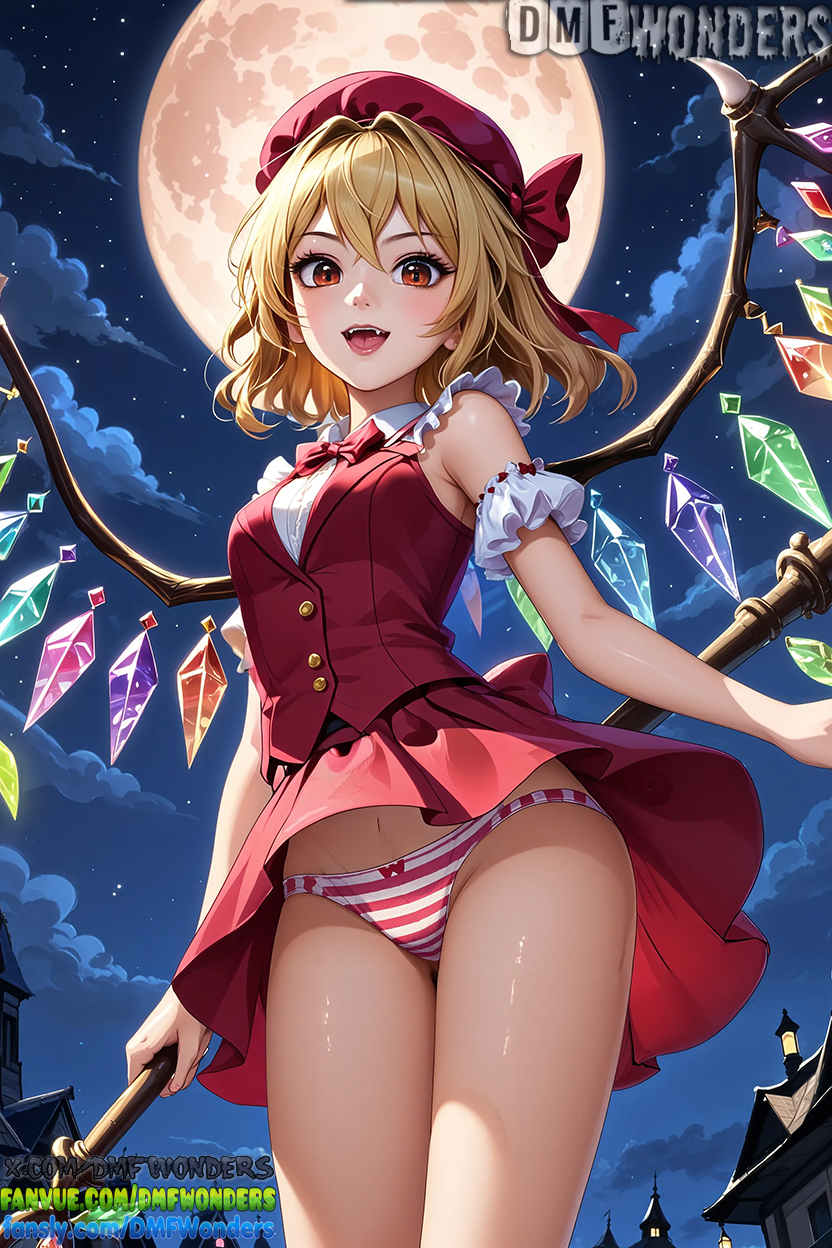 1girl 1girls :d adapted_costume ai ai_art ai_generated artist_name bangs bare_shoulders blonde_hair bow bowtie breasts cloud cowboy_shot crystal detached_sleeves dmf_wonders fangs fansly fanvue_username flandre_scarlet frills from_below full_moon hair_between_eyes hair_intakes hat hat_bow holding looking_at_viewer medium_breasts miniskirt mob_cap moon navel night night_sky open_mouth outside panties pantyshot pink_skirt red_bow red_eyes red_headwear red_skirt red_vest scarlet_devil_mansion shirt short_hair short_sleeves skirt skirt_set sky sleeveless small_breasts smile standing starry_sky striped striped_panties teeth thigh_gap thighs touhou touhou_project twitter_username underwear vest white_shirt wings x_username