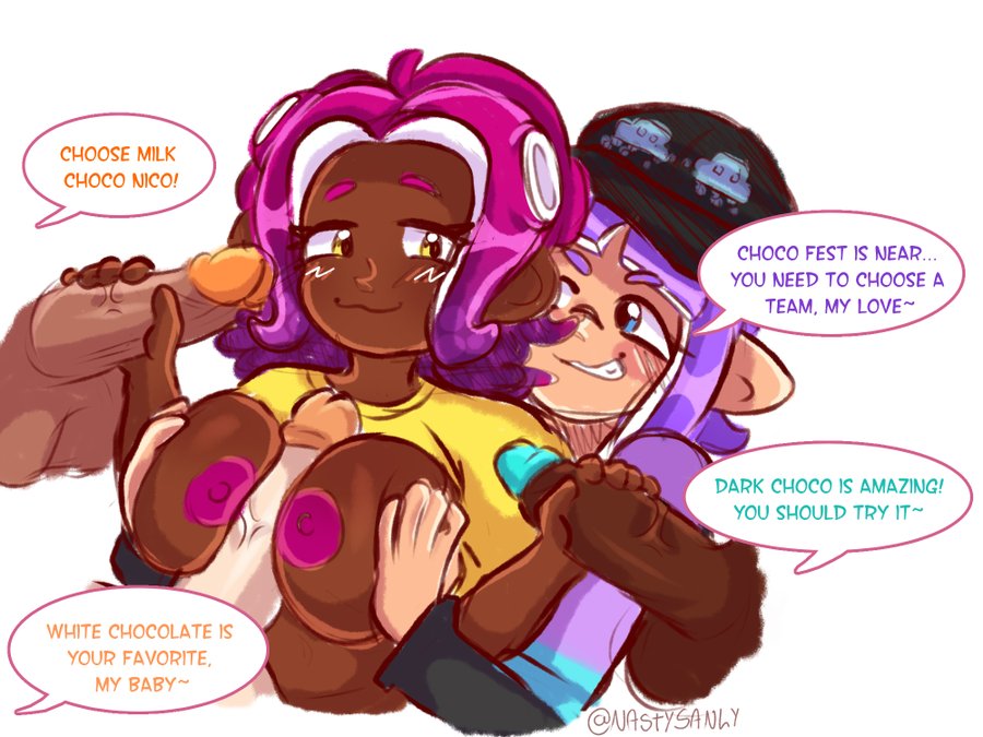 1girl 2_girls :3 assisted_paizuri balls baseball_cap big_breasts blue_eyes blush breasts breasts_out colored_nipples colored_tips dark-skinned_female dark_skin encouragement english_text handjob inkling inkling_girl lifted_shirt light-skinned_female light_skin male multiple_penises nastysanly nipples octoling octoling_girl paizuri penis pink_hair pointy_ears purple_hair ryoku-san_(inkling) splatfest splatoon squished_breasts tentacle_hair veiny_penis white_background yellow_eyes