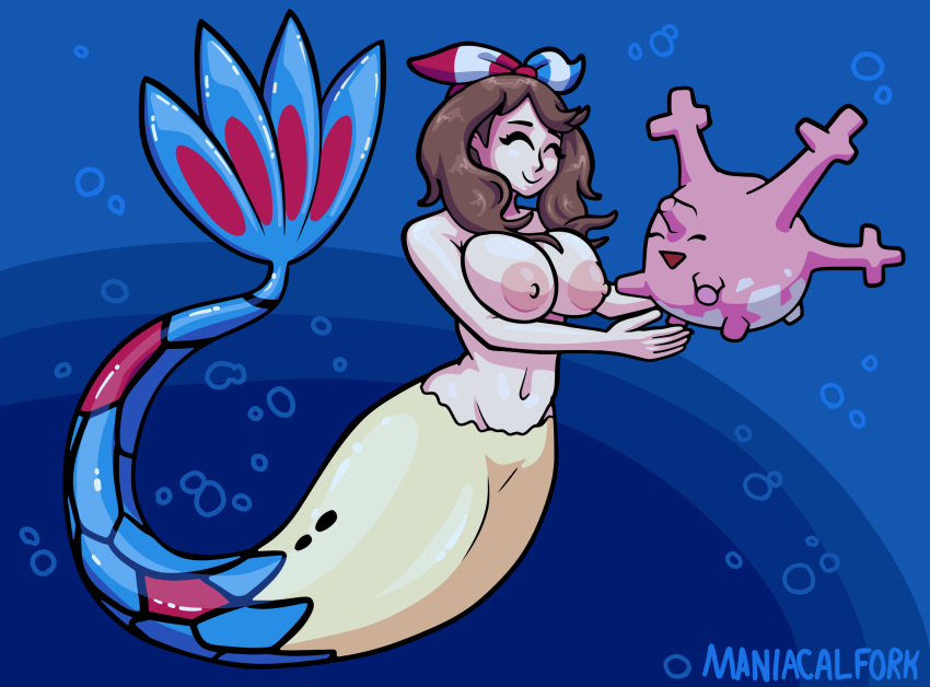 1girl 2019 5_fingers alternate_species ambiguous_feral ambiguous_gender anthozoan areola black_markings blue_background blue_body blue_kerchief blue_scales blue_tail blue_text breasts brown_hair bubble closed_eyes cnidarian colored coral corsola crotch_lines digital_drawing_(artwork) digital_media_(artwork) dipstick_tail duo english_description eyelashes featureless_crotch female female_focus feral fin fingers front_view full-length_portrait generation_2_pokemon generation_3_pokemon hair happy high_res human kerchief larger_female larger_taur light_body light_skin mammal maniacalfork marine markings may_(pokemon) merfolk mermaid_tail mermay milotic navel nintendo nipples nude nude_female open_mouth open_smile pink_areola pink_nipples pink_spikes pokemon pokemon_(species) portrait red_body red_kerchief red_markings red_scales scales shaded simple_background size_difference smaller_ambiguous smaller_feral smile smiling_at_another solo_focus split_form tail tail_fin tail_markings tan_body tan_scales tan_tail taur text three-quarter_view underwater water