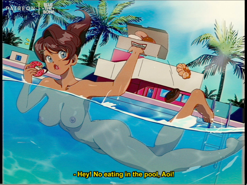 1girl alternate_version_available artist_name asahina_aoi ass barefoot belly_button big_breasts bluethebone breasts brown_hair clavicle completely_nude danganronpa danganronpa:_trigger_happy_havoc danganronpa_1 dark-skinned_female dark_skin digital_media_(artwork) doughnut eating female female_only food full_body long_hair naked_female navel nipples nude nude_female partially_submerged partially_underwater_shot ponytail pool pov pubic_hair retro_artstyle shiny_skin skinny_dipping solo solo_female solo_focus source_request straight_hair swimming swimming_pool underwater video_games water