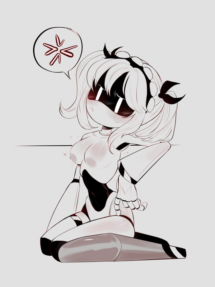 1girl breasts breasts_out female female_only glitch_productions hourglass_figure hourglass_figured_female j_(murder_drones) looking_at_viewer monochrome murder_drones nude on_knees sdanii sitting solo stomach youtube