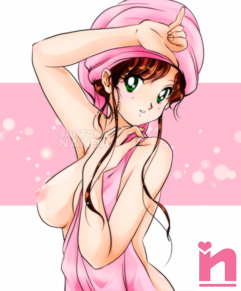 1990s_(style) 1girl 1girl 1girl after_bathing alluring big_breasts bishoujo_senshi_sailor_moon brown_hair green_eyes long_hair makoto_kino nipples nude retro_artstyle saotome_nanda sidelocks toei_animation towel towel_on_head
