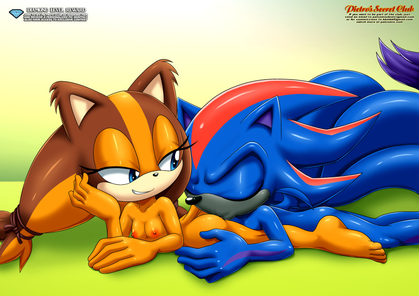 1boy 1girl absurd_res ass bare_legs barefoot bbmbbf blue_eyes blue_fur blue_hair blush breasts brown_fur brown_hair closed_eyes completely_nude feet half-closed_eyes high_res huge_ass jungle_girl kissing kissing_ass legs lying male mobius_unleashed nipples nude on_stomach orange_fur orange_hair original palcomix red_fur red_hair sega small_breasts smile smirk sonic_boom_(series) sticks_the_badger sticks_the_jungle_badger tail teen teen_boy teen_girl teenage teenage_boy teenage_girl toes twin_tails