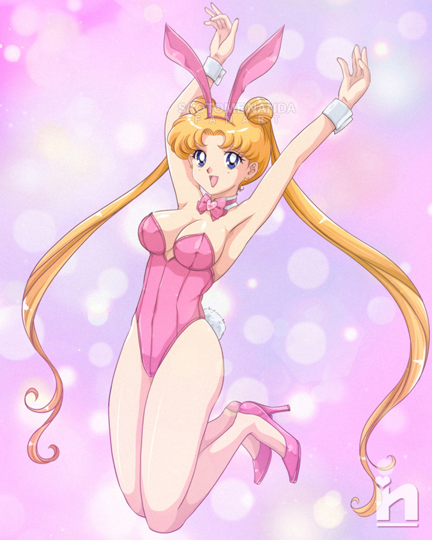 1girl 1girl 1girl alluring animal_ears artist_logo bishoujo_senshi_sailor_moon blonde_hair blue_eyes commission covered_erect_nipples full_body happy legs leotard logo medium_breasts nipples open_mouth pink_background pink_shoes playboy_bunny rabbit_ears rabbit_tail sailor_moon saotome_nanda shoes simple_background tail usagi_tsukino