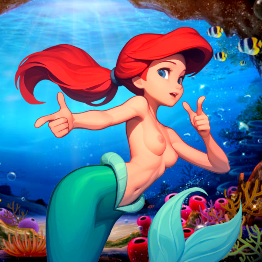 1girl ai_generated ariel_(the_little_mermaid) blue_eyes bubbles disney female female_focus mermaid mermaid_tail navel nipples nude ponytail princess_ariel red_hair small_breasts solo the_little_mermaid underwater