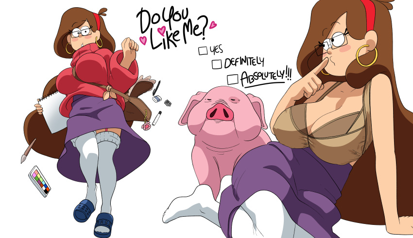 1girl 1girls aged_up bag big_breasts blush bra breasts brown_hair clumsy coolerinker disney disney_channel earrings female_only finger_to_mouth glasses gravity_falls headband hoop_earrings huge_breasts inker_comics inkershike kneesocks light_skin long_hair long_skirt long_socks looking_away mabel_pines notebook pig sandals skirt square_glasses sweater sweater_removed text waddles