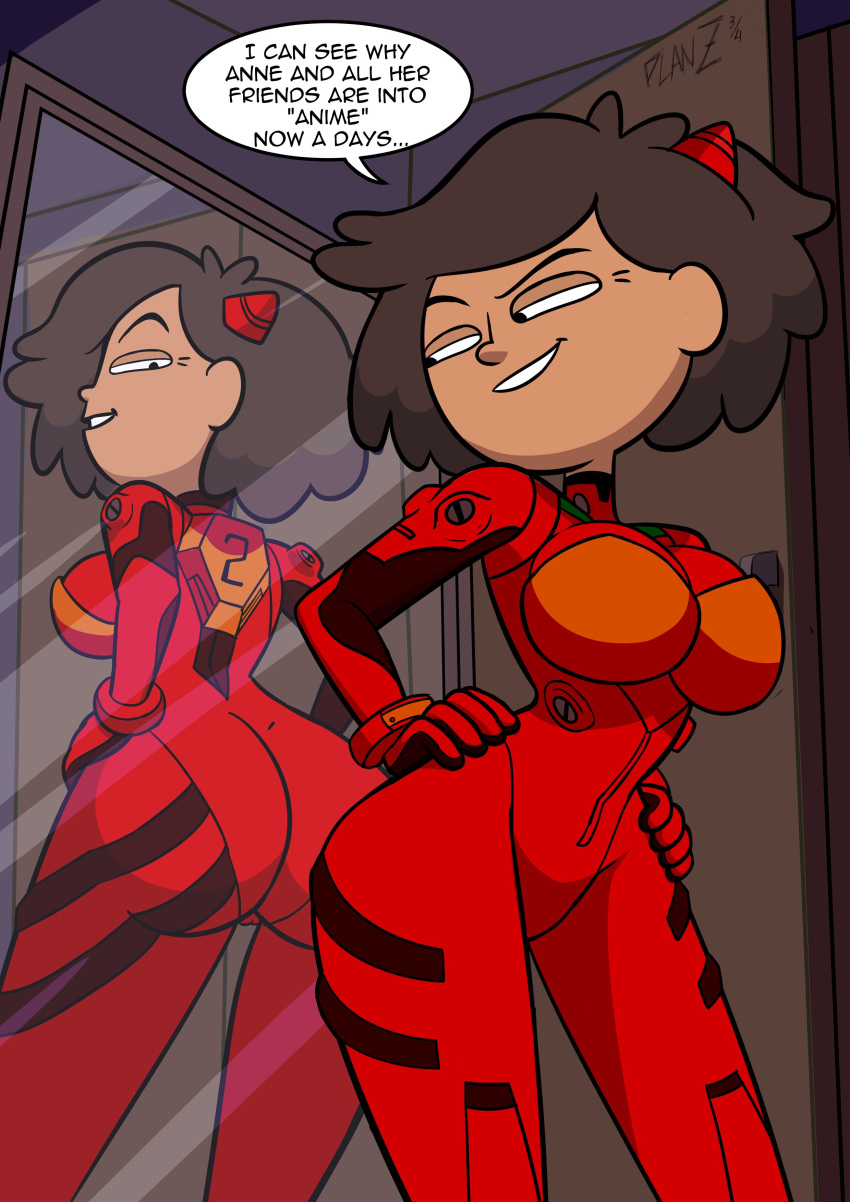 1girl alternate_breast_size amphibia asuka_langley_sohryu_(cosplay) asuka_langley_souryuu big_ass big_breasts bodysuit cosplay covered_navel crossover crossover_cosplay disney female_only grin hands_on_hips mrs._boonchuy neon_genesis_evangelion oum_boonchuy planz34 plugsuit red_bodysuit sensual smile straight_hair tagme voluptuous weird_crossover