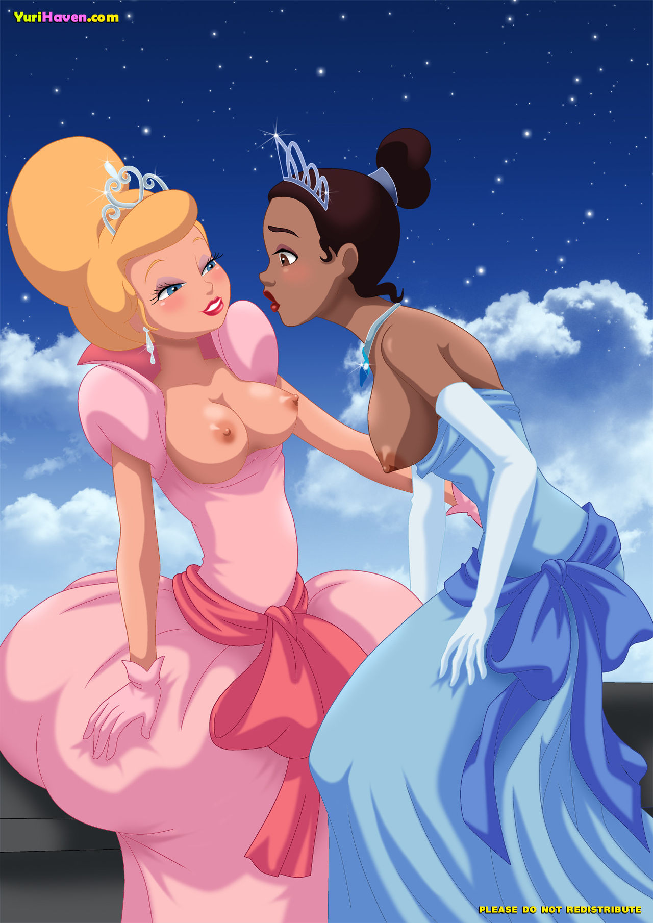 2_girls bbmbbf black_woman breasts_out breasts_outside charlotte_la_bouff disney dress dress_down female_only interracial_yuri large_breasts palcomix princess_tiana the_princess_and_the_frog yuri yuri_haven yurihaven.com