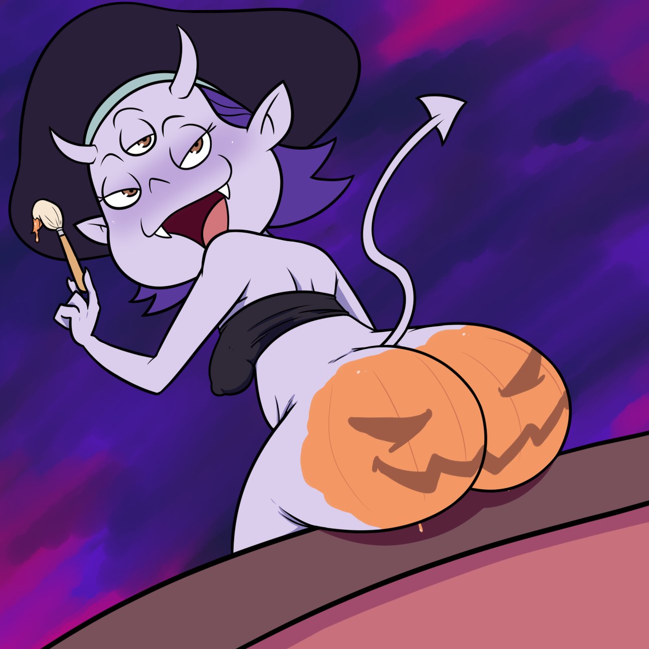 bodypaint bottomless disney halloween illusion_teacher_(the_owl_house) jack-o'-lantern monster monster_girl pumpkin_butt purple_hair purple_skin tagme tank_top terrible_the_drawfag the_owl_house