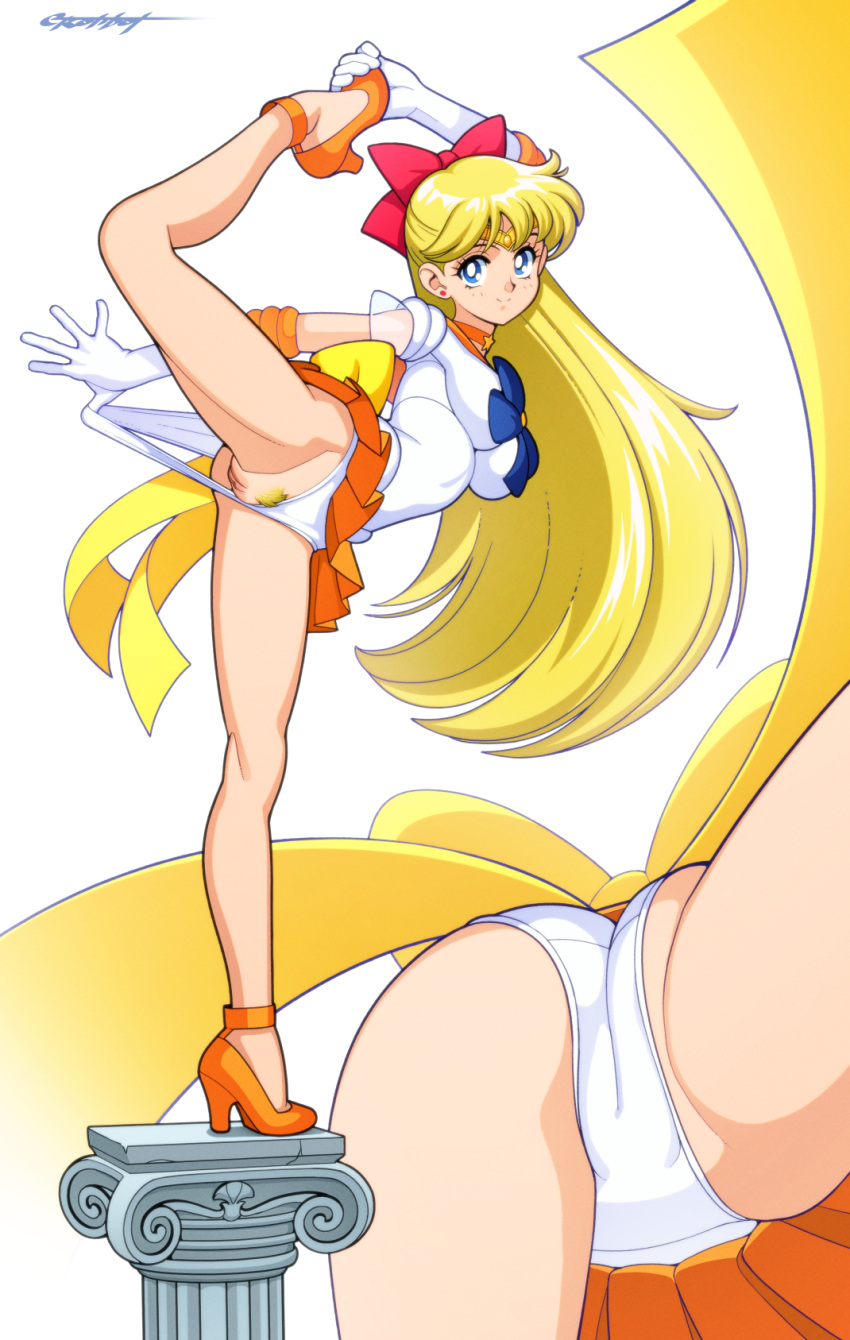 1girl 1girl 1girl absurd_res alluring artist_signature back_bow bishoujo_senshi_sailor_moon blonde_hair blue_eyes bow clothing earrings elbow_gloves erotibot female_only hair_ribbon high_res long_hair magical_girl medium_breasts minako_aino one_leg_up panties panties_aside panty_pull pinup pubic_hair pussy sailor_collar sailor_senshi_uniform sailor_venus self_exposure signature skirt tiara upskirt