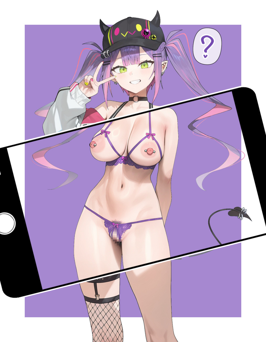 1girl ? ai_generated blush breasts cap cellphone choker collarbone demon_girl ear_piercing earrings female_pubic_hair green_eyes hips hololive hololive_japan legwear lingerie looking_at_viewer navel navel_piercing nipple_piercing nipples peace_sign pov pubic_hair purple_hair pussy pussy_hair see-through smile tokoyami_towa twin_tails unaware v virtual_youtuber vtuber xeno4994