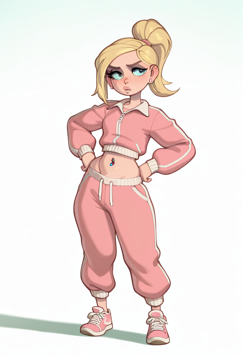 ai_generated bare_thighs belly_piercing big_breasts blat_0 blonde_hair blue_eyes courtney_babcock huge_thighs light-skinned_female light_skin paranorman ponytail solo_female squatting sweat sweatdrop thick_body thick_female thick_thighs thighs track_suit voluptuous voluptuous_female