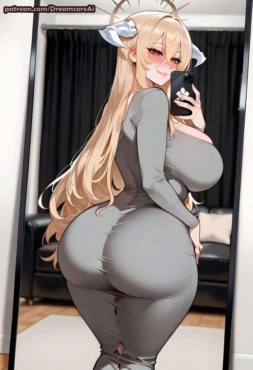 1girl ai_generated ass azur_lane blonde_hair curvy curvy_female curvy_figure dongtan_dress horns implacable_(azur_lane) long_hair