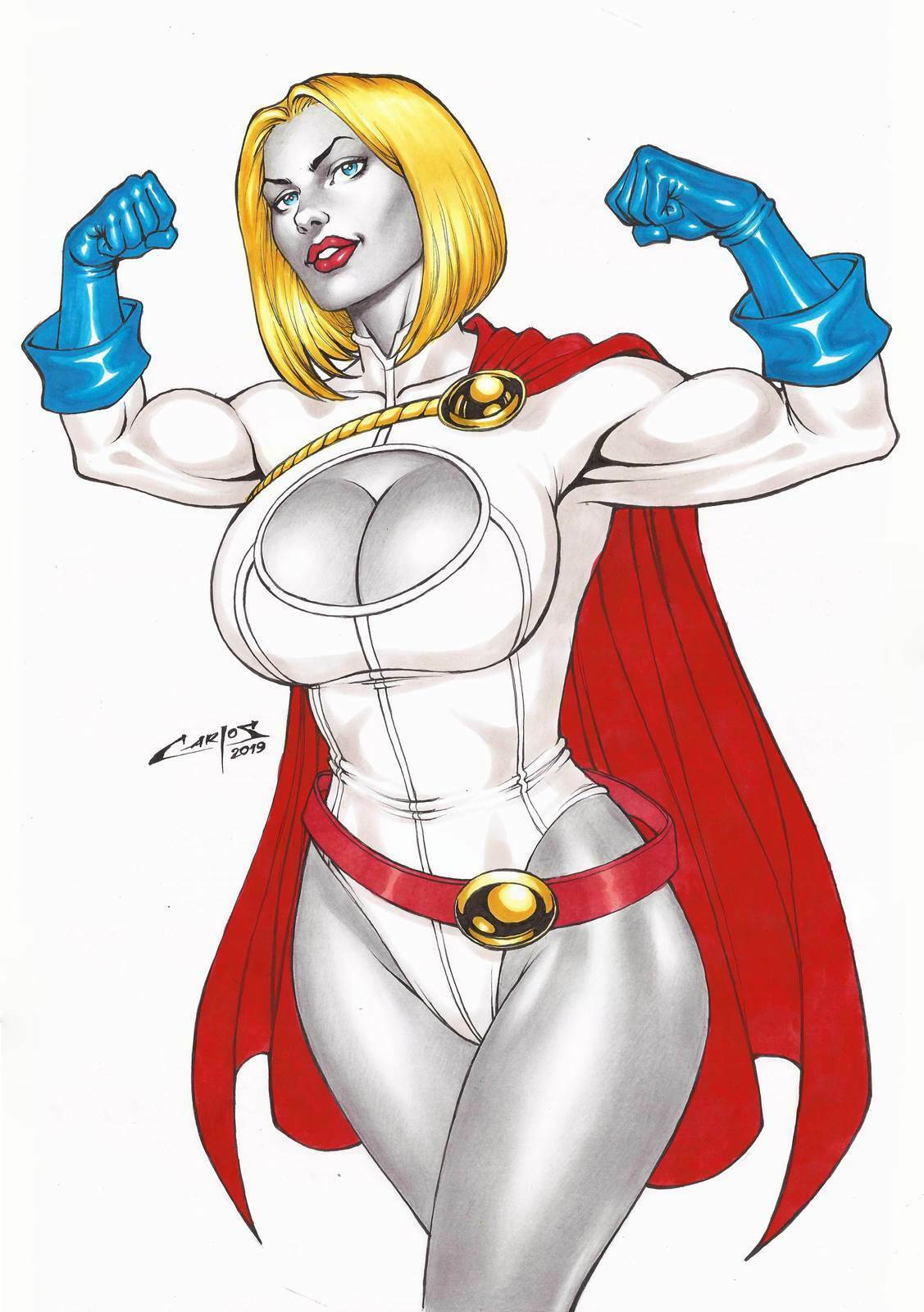 1girl arms_up bangs bare_legs belt big_breasts blonde_female blonde_hair blue_eyes blue_gloves bob_cut breasts cape carlos_braga cleavage_cutout clenched_hands clothing_cutout crossed_legs crossed_legs_(standing) dc_comics dcau female_only female_solo gloves grin hands_up head_tilt highleg highleg_leotard justice_league justice_league_unlimited justice_society_of_america legs leotard lips lipstick looking_at_viewer makeup mound_of_venus muscle muscular muscular_female naughty_face neck parted_bangs parted_lips power_girl red_belt red_cape red_lipstick short_hair simple_background skin_tight smile standing superman/batman:_public_enemies thighs white_background white_leotard