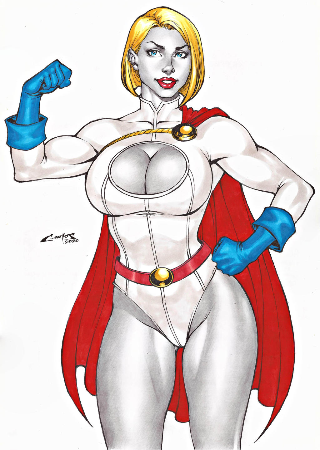 1girl bangs bare_legs belt big_breasts blonde_female blonde_hair blue_eyes blue_gloves bob_cut breasts cape carlos_braga cleavage_cutout clenched_hands clothing_cutout dc_comics dcau female_only female_solo gloves grin hand_on_hip hand_up highleg highleg_leotard justice_league justice_league_unlimited justice_society_of_america legs leotard lips lipstick looking_at_viewer makeup mound_of_venus muscle muscular muscular_female naughty_face neck parted_lips power_girl red_belt red_cape red_lipstick short_hair simple_background skin_tight smile standing superman/batman:_public_enemies swept_bangs thighs white_background white_leotard