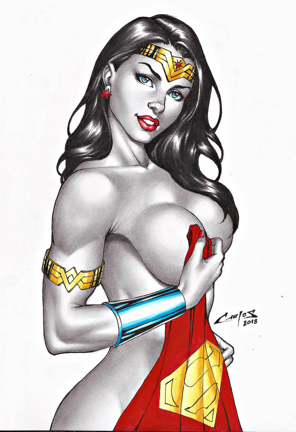 1girl amazon armlet bangs big_breasts black_hair blue_eyes bracer breasts cape carlos_braga cleavage collarbone covering covering_breasts covering_crotch covering_pussy dc_comics dcau diana_prince earrings female_only female_solo grin hair_over_one_breast hand_up head_tilt heroine holding holding_object jewelry justice_league justice_league_unlimited legs lips lipstick long_hair looking_at_viewer makeup nail_polish naughty_face neck nude nude_female parted_bangs parted_lips red_cape red_earrings red_lipstick red_nails simple_background smile standing star star_(symbol) star_earrings star_print straight_hair superheroine superman_(series) themysciran thighs tiara white_background wonder_woman wonder_woman_(series)