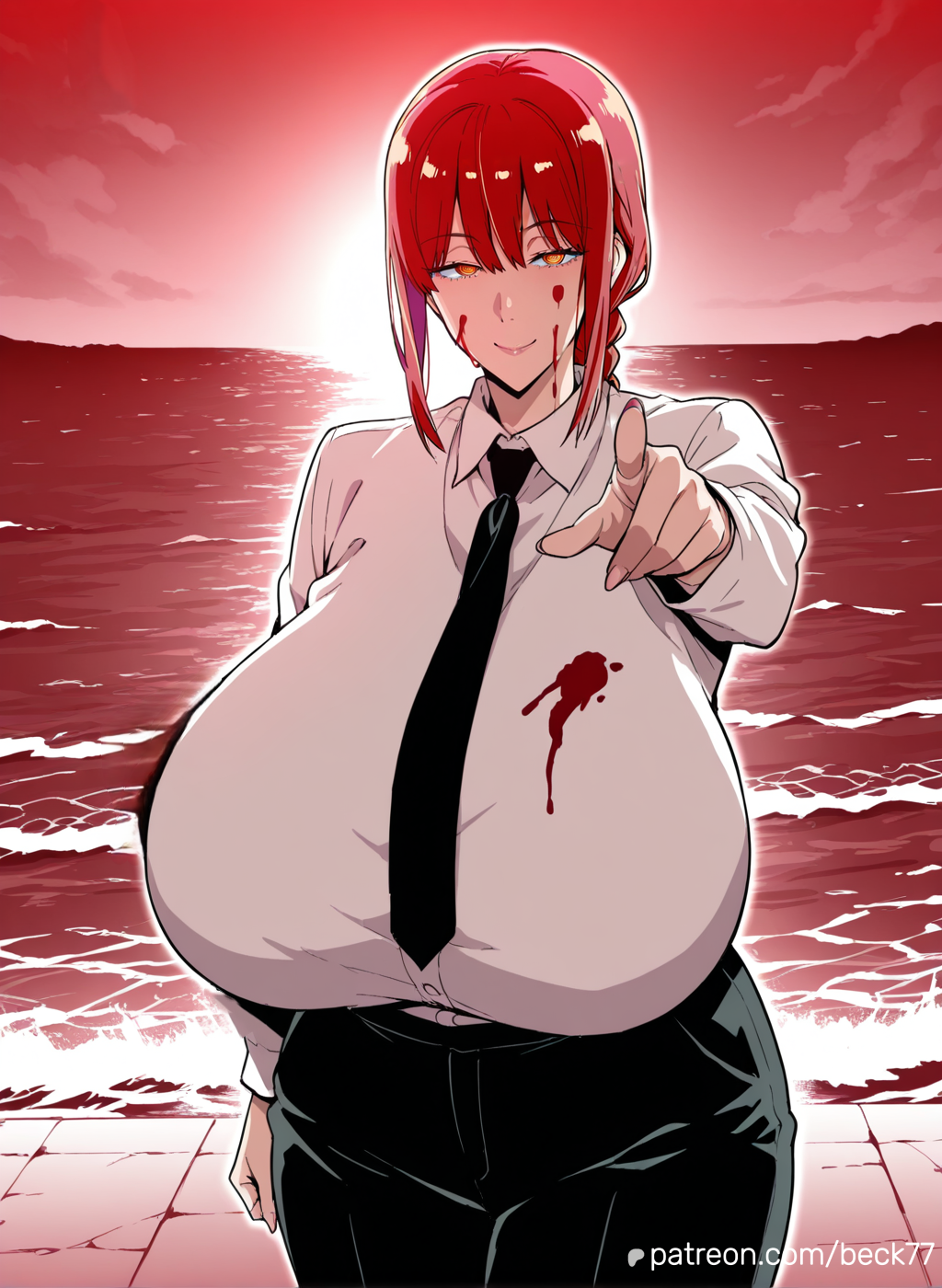 1girl ai_generated alternate_breast_size beck77 b***d breasts chainsaw_man gigantic_breasts grin light-skinned_female light_skin looking_at_viewer makima_(chainsaw_man) pointing red_hair takeda_hiromitsu_(ai_style)
