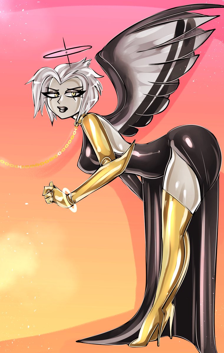 amazon_prime amputee angel angel_girl angel_wings angry_face ass bitterbunz black_dress black_halo breasts cartoon chains collar golden_collar golden_heels golden_leash halo hazbin_hotel heel_boots hellaverse leash leggings lute_(hazbin_hotel) mechanical_arm metal_arm missing_arm one_arm power_(angel) robotic_arm short_hair twitter vivienne_medrano vivziepop white_body white_hair white_hair_female white_skin wings yellow_eyes yellow_halo