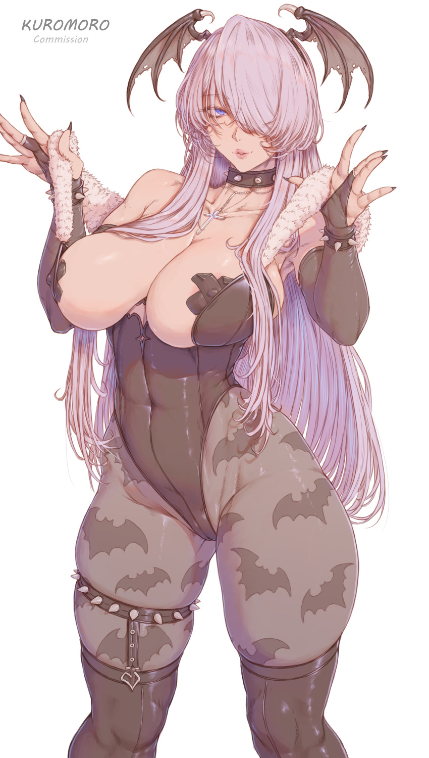 1girl big_breasts blue_eyes bubble_butt cleavage horny inviting_to_sex kuromoro looking_at_viewer pose purple_hair standing teasing thick_thighs