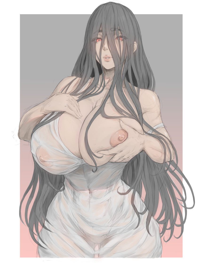 1girl big_breasts black_hair breast_grab breast_press breast_squeeze bubble_butt cleavage horny inviting_to_sex kuromoro looking_at_viewer pose red_eyes sadako standing teasing the_ring thick_thighs undressing yamamura_sadako