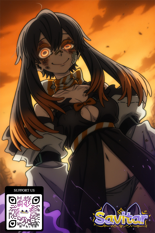 1girl 1girl 1girl ai_generated bandage_on_face bandaid bandaid_on_face bandaid_on_nose black_dress black_hair black_panties bow breasts bruise bruise_on_face cleavage closed_mouth clothing cloud collarbone crazy_eyes crazy_smile detached_sleeves dress glowing_eyes gradient_hair grey_panties hair_between_eyes injury littlehentai long_hair looking_at_viewer medium_breasts multicolored_hair navel orange_eyes orange_hair orange_sky panties qr_code savitar savitar_(artist) sky smile sunset two-tone_hair underwear uneven_eyes white_sleeves yellow_sky