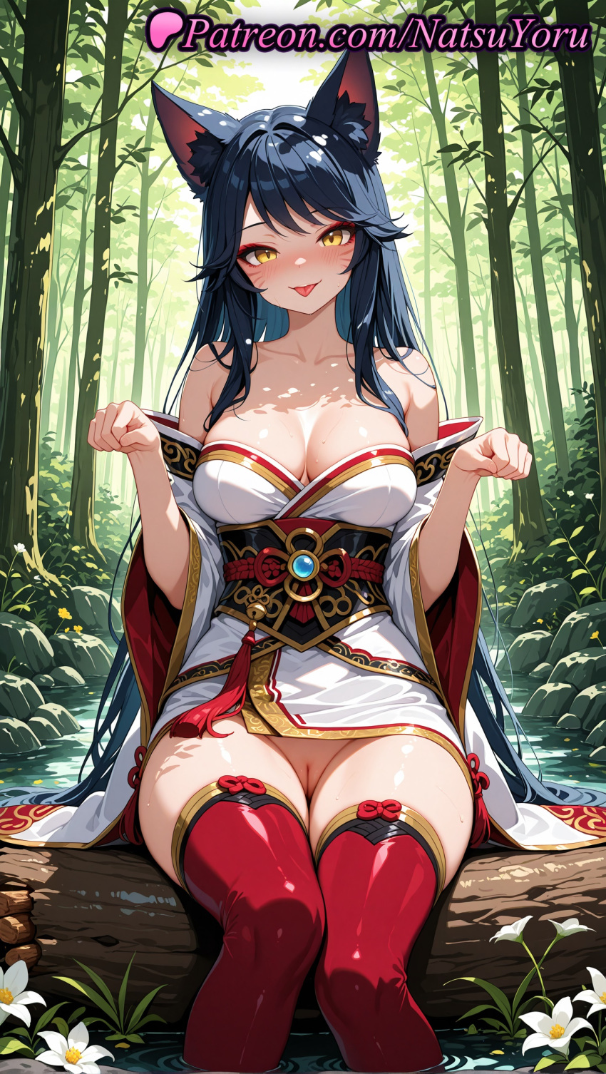 1girl 1girl 1girls 2025 ahri ai ai_assisted ai_generated animal_ear_fluff animal_ears anime anime_style artist_name bamboo bamboo_forest bangs bare_shoulders big_breasts big_breasts black_hair blue_hair blush breasts bust cleavage cleft_of_venus clothing collarbone day detached_sleeves dress eyeshadow facial_mark female_focus female_only female_solo flower forest fox_ears fox_girl gold_trim hands_up hentai high_quality high_res high_res high_resolution japanese_clothes kimono labia league_of_legends league_of_legends:_wild_rift long_hair long_sleeves looking_at_viewer makeup mole mole_on_breast natsuyoru nature no_panties non-asian obi off_shoulder outside patreon paw_pose pussy pussy red_thighhighs riot_games rock sash short_kimono sitting slit_pupils smile soaking_feet solo_female stable_diffusion stockings tassel thighs tongue tongue_out tree uncensored very_long_hair voluptuous voluptuous_female wafuku water wet whisker_markings white_flower white_kimono wide_sleeves yellow_eyes