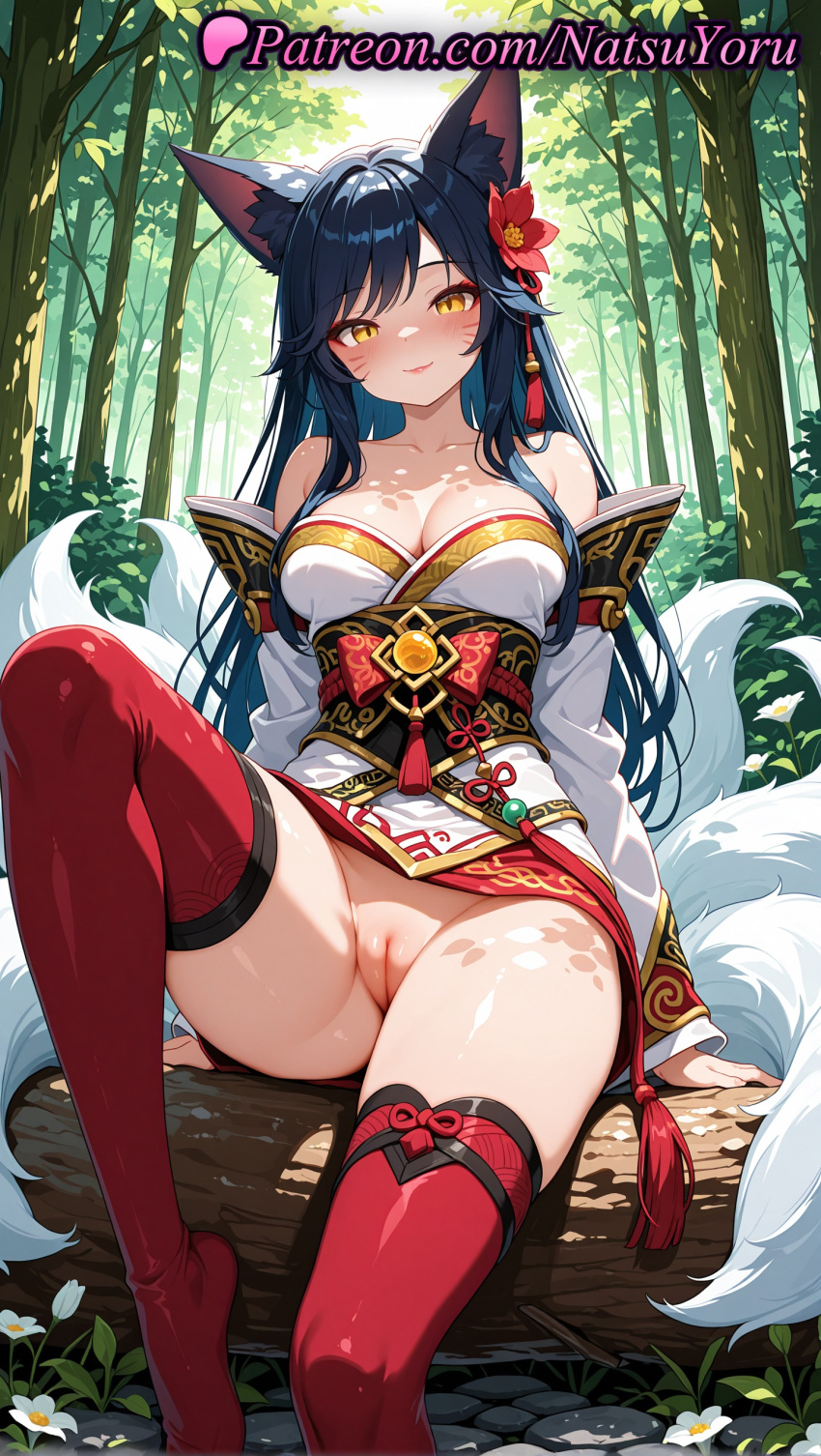 1girl 1girl 1girls 2025 ahri ai ai_assisted ai_generated animal_ear_fluff animal_ears anime anime_style arm_support bangs bare_shoulders big_breasts big_breasts black_hair blue_hair blush breasts bust cleavage cleft_of_venus closed_mouth collarbone day detached_sleeves dress facial_mark feet female_focus female_only female_solo flower foot_fetish foot_out_of_frame forest fox_ears fox_girl fox_tail hair_flower hair_ornament hentai high_quality high_res high_res high_resolution japanese_clothes kimono kitsune knee_up korean_clothes labia league_of_legends league_of_legends:_wild_rift legs long_hair long_sleeves looking_at_viewer makeup multiple_tails natsuyoru nature no_panties no_shoes non-asian off_shoulder outside patreon pussy pussy red_flower red_thighhighs riot_games sash sitting slit_pupils smile soaking_feet solo_female stable_diffusion stockings tail thighs tree uncensored voluptuous voluptuous_female water whisker_markings white_flower white_kimono wide_sleeves yellow_eyes