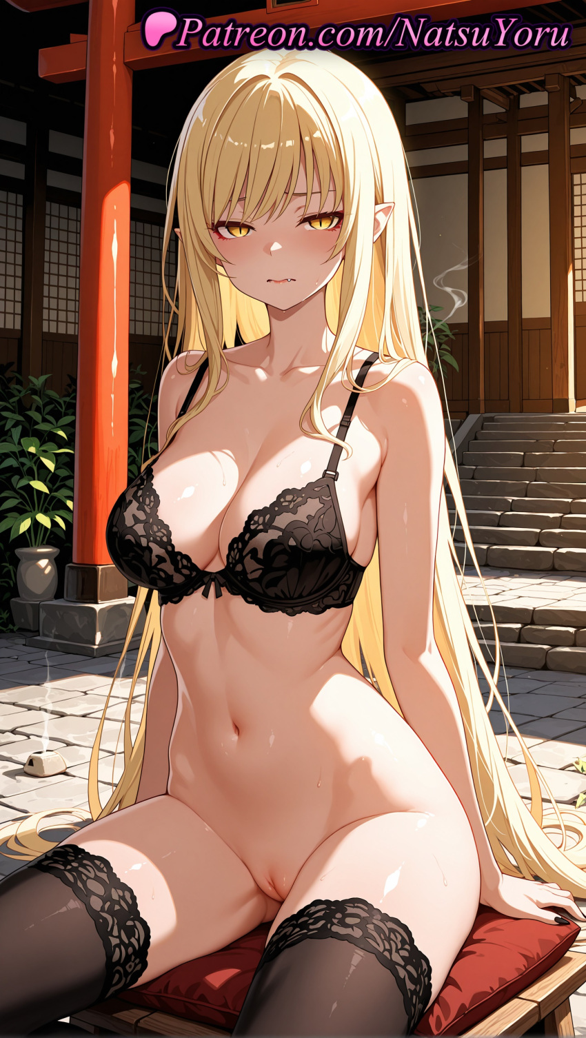 1girl 1girl 1girls 2025 ai ai_assisted ai_generated anime anime_style architecture bakemonogatari bangs bare_arms bare_shoulders big_breasts big_breasts black_bra black_legwear black_nails black_thighhighs blonde_hair blush bottomless bow_bra bra breasts bust cleavage cleft_of_venus closed_mouth clothing collarbone east_asian_architecture female_focus female_only hentai high_quality high_res high_res high_resolution indoors kiss-shot_acerola-orion_heart-under-blade lace lace-trimmed_bra lace-trimmed_legwear lace_trim legs lingerie lips long_hair long_nails looking_at_viewer makeup monogatari_(series) nail_polish natsuyoru navel no_panties outside paipan parted_lips patreon plant pointed_ears pointy_ears potted_plant pussy pussy shiny sidelocks sitting skindentation slit_pupils solo_female stable_diffusion stockings stockings stomach strap_gap sweat thighs uncensored underwear underwear_only vampire very_long_hair voluptuous voluptuous_female yellow_eyes