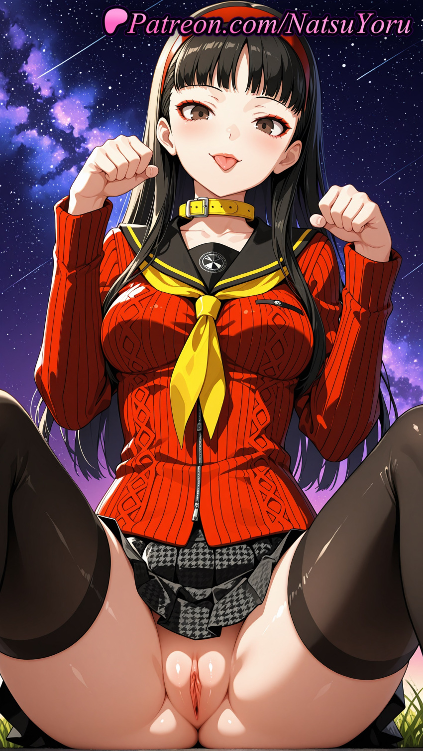 1girl 1girl 1girls 2025 ai ai_assisted ai_generated alternate_legwear amagi_yukiko anime anime_style anus aran_sweater ass bangs big_breasts black_hair black_legwear black_sailor_collar black_skirt black_thighhighs blunt_bangs blush breasts brown_eyes bust cable_knit cardigan clitoris collar collarbone female_focus female_only grass grey_skirt hairband hands_up hentai high_quality high_res high_res high_resolution houndstooth juicy_butt labia labia_majora labia_minora legs lips long_hair long_sleeves looking_at_viewer makeup medium_breasts miniskirt natsuyoru neckerchief night night_sky no_panties outside patreon paw_pose persona persona_4 pleated_skirt pussy pussy pussy_lips pussy_peek red_cardigan red_hairband red_sweater sailor_collar sailor_uniform school_uniform serafuku shiny shiny_skin shooting_star sitting skirt sky smile solo_female spread_legs stable_diffusion star_(sky) starry_sky stockings straight_hair sweater tongue tongue_out uncensored upskirt voluptuous voluptuous_female vulva yasogami_school_uniform yellow_neckerchief
