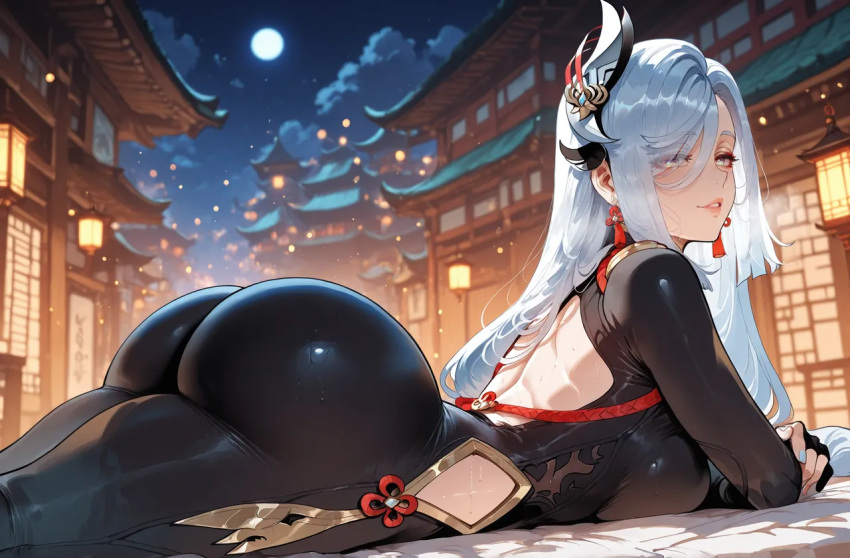 1girl ai_generated ass bodysuit curvy curvy_female curvy_figure genshin_impact night shenhe_(genshin_impact) silver_hair