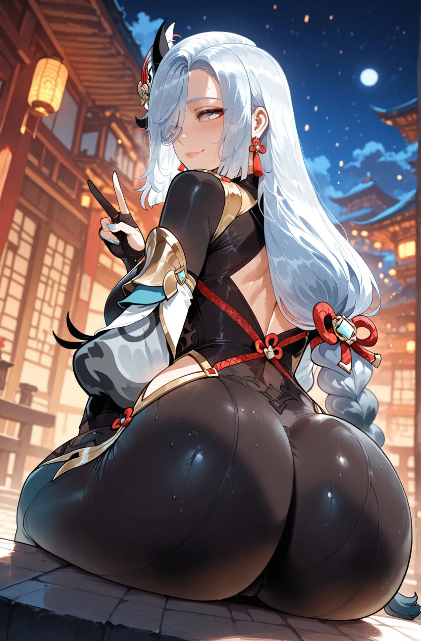 1girl ai_generated ass bodysuit curvy curvy_female curvy_figure genshin_impact night shenhe_(genshin_impact) silver_hair