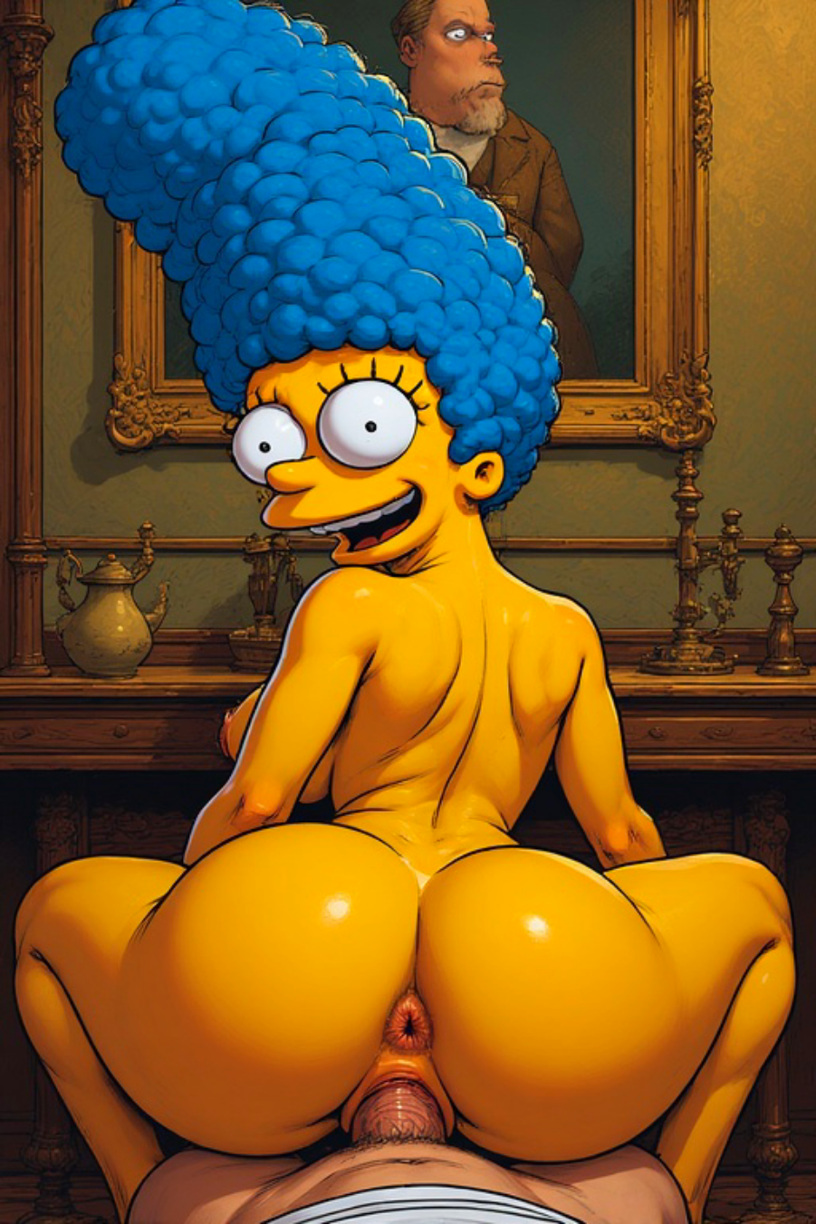 1boy 1girl ai_generated anus ass beehive_hair blue_hair cartoon completely_nude hairy laugh long_hair looking_back male marge_simpson milf nude pussy reverse_cowgirl_position simpsons the_simpsons yellow_skin