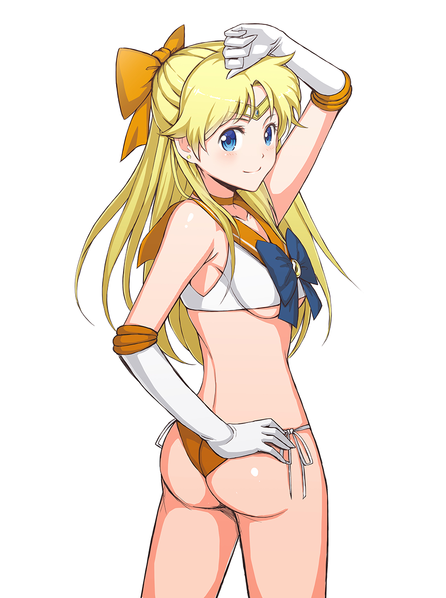 1girl 1girl adult_swim alluring arm_up ass back bare_shoulders bikini bishoujo_senshi_sailor_moon bishoujo_senshi_sailor_moon_r bishoujo_senshi_sailor_moon_r_the_movie bishoujo_senshi_sailor_moon_s bishoujo_senshi_sailor_moon_s_the_movie bishoujo_senshi_sailor_moon_supers bishoujo_senshi_sailor_moon_supers_the_movie blue_bow blush bow brooch choker closed_mouth crop_top crop_top_overhang earrings elbow_gloves female_focus from_behind gem gloves green_eyes hair_bow hand_on_own_hip headband high_res jchoy jewelry looking_back medium_breasts minako_aino orange_bikini orange_bow orange_choker ribbon sailor_venus side-tie_bikini_bottom simple_background smile standing stud_earrings swimsuit tareme toei_animation toonami twisted_torso under_boob white_background white_gloves white_ribbon