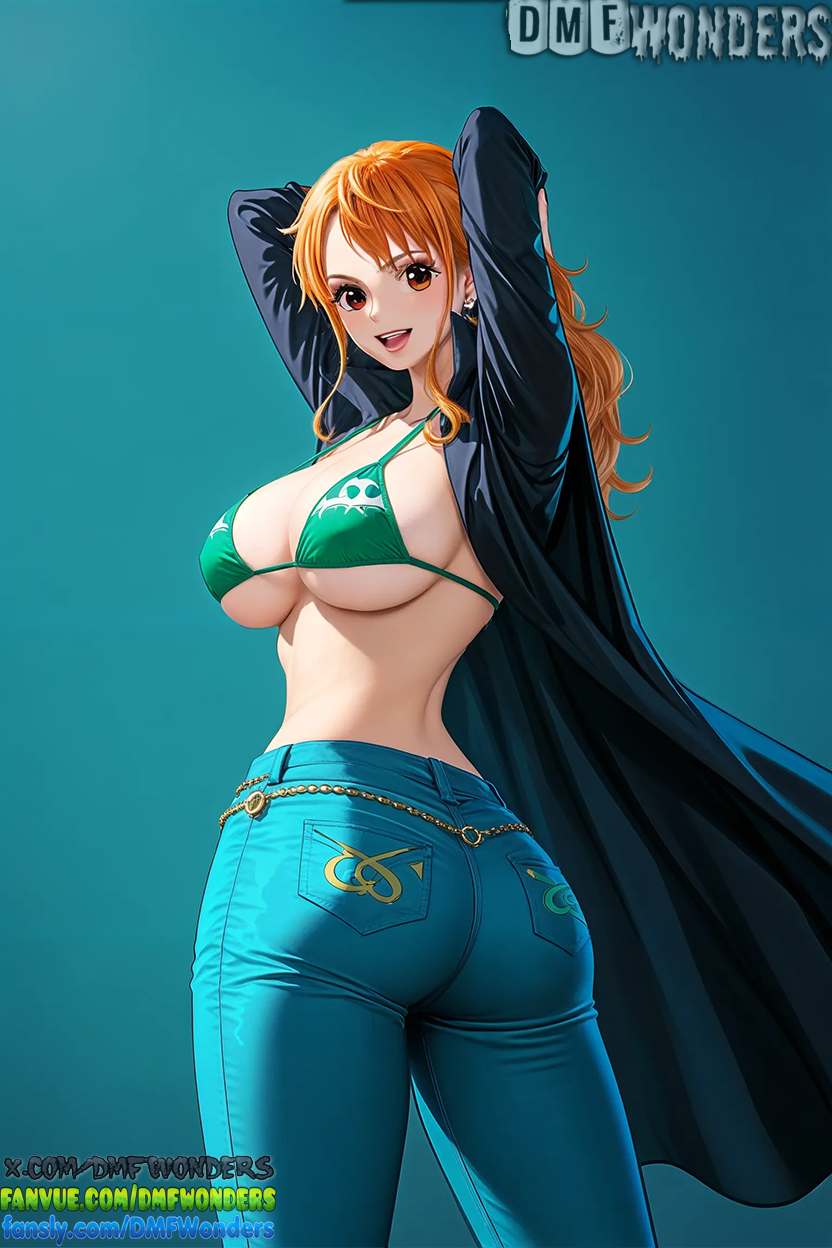 1girl 1girl ai ai_art ai_generated arms_up artist_name ass bangs big_breasts bikini bikini_top bikini_top_only black_coat blue_background booty breasts brown_eyes cleavage coat denim dmf_wonders earrings fansly fanvue_username from_behind green_bikini jeans jewelry lips long_hair looking_at_viewer looking_back nami_(one_piece) one_piece open_clothes open_mouth orange_eyes orange_hair pants photoshop_(medium) sideboob simple_background smile swimsuit tattoo twisted_torso twitter_username under_boob upper_teeth x_(social_media) x_username