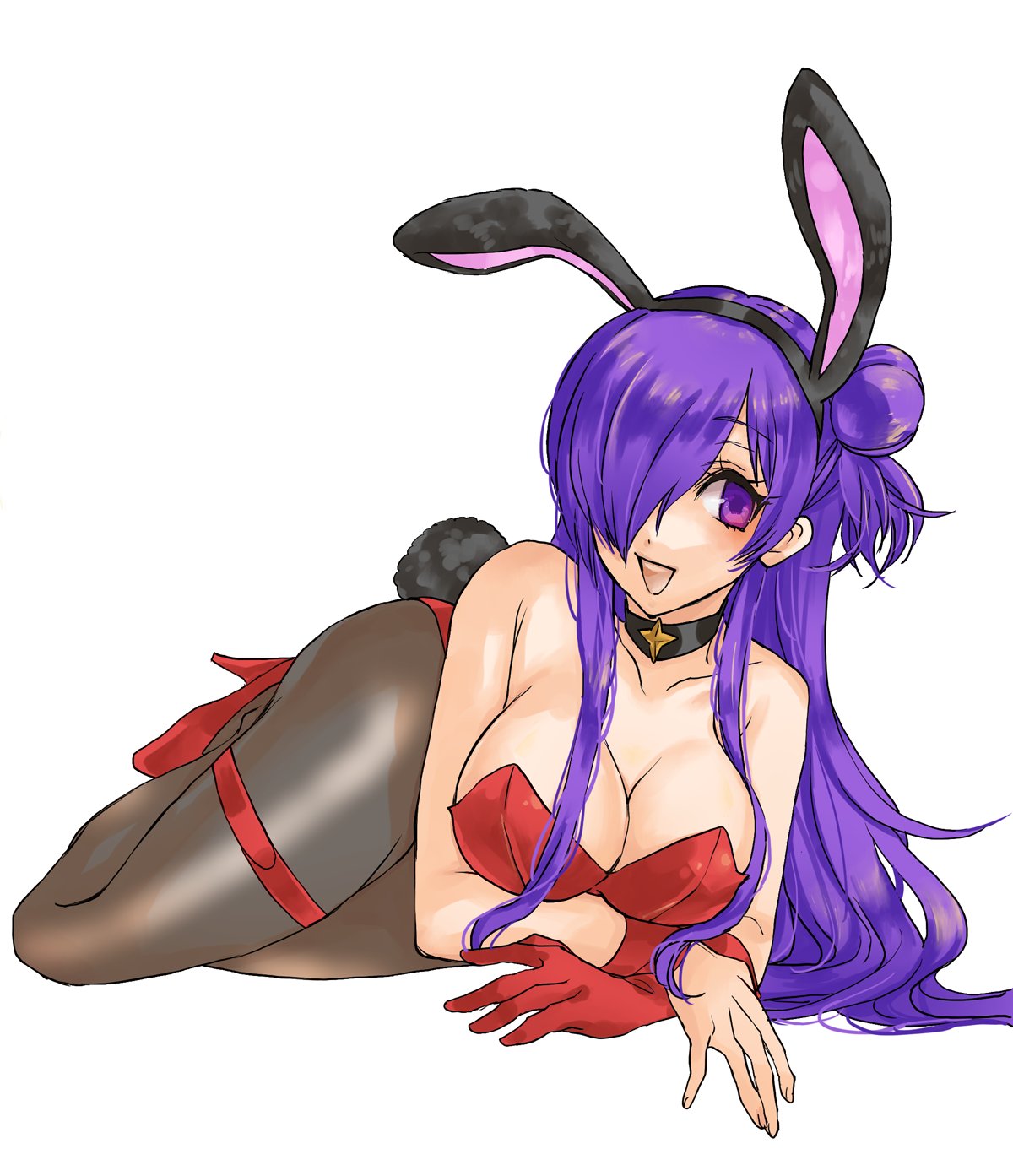 1girl 1girl :d alluring alternate_costume animal_ears ass big_breasts black_choker black_pantyhose bryminoru choker cleavage commentary_request elbow_gloves fake_animal_ears fake_tail fire_emblem fire_emblem:_three_houses fire_emblem_warriors:_three_hopes gloves hair_bun hair_over_one_eye high_res intelligent_systems leotard long_hair looking_at_viewer lying nintendo on_ground one_eye_covered open_mouth pantyhose playboy_bunny purple_eyes purple_hair rabbit_ears rabbit_tail red_leotard shez_(fire_emblem) shez_(fire_emblem)_(female) sideboob simple_background single_glove single_hair_bun smile tail white_background