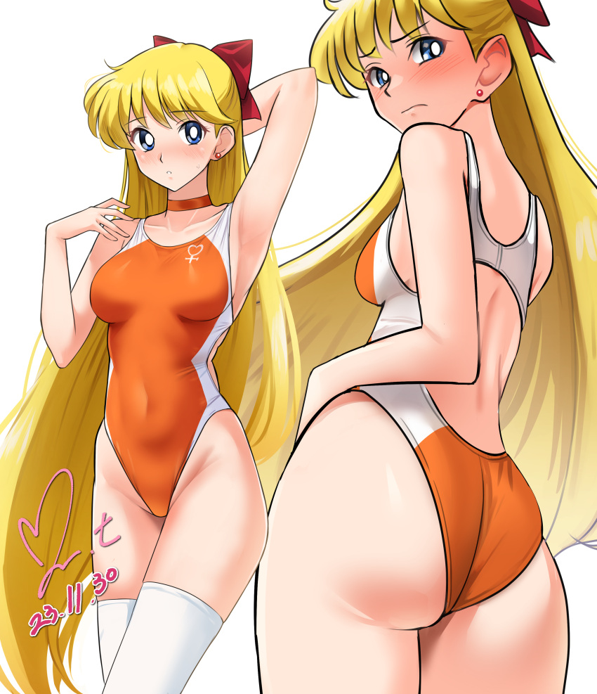 1girl absurd_res adult_swim alluring ass bishoujo_senshi_sailor_moon bishoujo_senshi_sailor_moon_r bishoujo_senshi_sailor_moon_r_the_movie bishoujo_senshi_sailor_moon_s bishoujo_senshi_sailor_moon_s_the_movie bishoujo_senshi_sailor_moon_supers bishoujo_senshi_sailor_moon_supers_the_movie blonde_hair blue_eyes bow choker commentary_request commission competition_swimsuit covered_navel cute dated earrings hair_bow half_updo high_res highleg highleg_one-piece_bikini jewelry long_hair looking_back medium_breasts minako_aino multiple_views one-piece_bikini orange_choker orange_one-piece_bikini pixiv_commission signature stockings swimsuit toei_animation toonami two-tone_bikini venus_symbol white_thighhighs yoo_tenchi