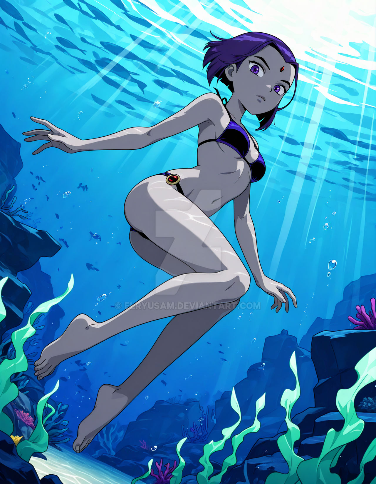 1girl ai_generated ass barefoot bikini breasts dc_comics demon demon_girl elryusam feet female flowing_hair forehead_jewel freediving grey_skin humanoid looking_at_viewer navel ocean older older_female purple_bikini purple_eyes purple_hair purple_swimsuit rachel_roth raven_(dc) sea short_hair small_breasts solo superheroine swimming swimsuit teen teen_titans teenage_girl underwater warner_brothers water watermark young_adult young_adult_female young_adult_woman