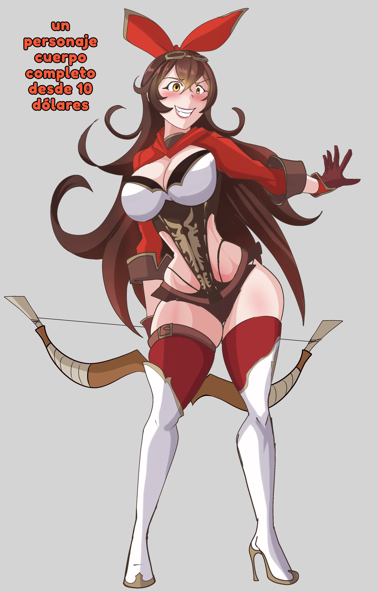 1girl amber_(genshin_impact) ass big_breasts bow breasts genshin_impact hips inkrait_(artist) long_hair spanish_text text wide_hips