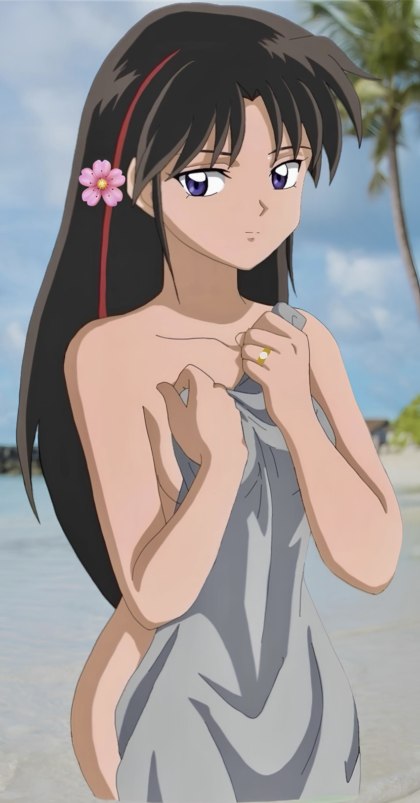 1girls alluring ass beach black_and_red_hair bubble_ass bubble_butt engagement_ring erotic flower_in_hair nude purple_eyes rumideck rumiduck setsuna setsuna_(yashahime) silf teasing towel voluptuous yashahime:_princess_half-demon