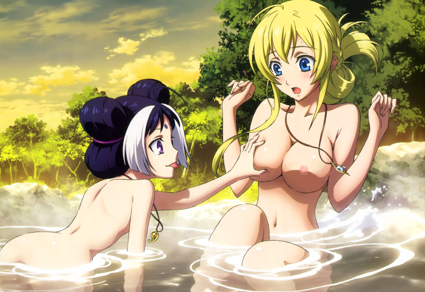 2_girls ahoge all_fours alternate_hairstyle ass back bare_back bath bathing big_breasts black_hair blonde_female blonde_hair blue_eyes blush breast_grab breasts cleavage clenched_hands closed_mouth collarbone completely_nude completely_nude_female couple duo embarrassed embarrassed_nude_female eyebrows_visible_through_hair eyes_visible_through_hair facial_mark female/female female_moaning female_only folded_ponytail forehead_mark forest friends gasp grabbing grabbing_another's_breast hair_between_eyes hands_up head_tilt hime_cut himiko_(nobunaga_the_fool) jeanne_kaguya_d'arc jewelry looking_at_another looking_at_breasts looking_down moaning multicolored_hair multiple_girls nagasaku_tomokatsu nagasaku_tomokatsu_(artist) nature navel neck necklace nipples nobunaga_the_fool nude nude_female onsen open_mouth outdoor_nudity outside outstretched_arm purple_eyes rock shared_bathing short_hair shy sidelocks sitting smile sunset surprised tied_hair tongue tongue_out tree two-tone_hair two_tone_hair water wet white_hair yuri